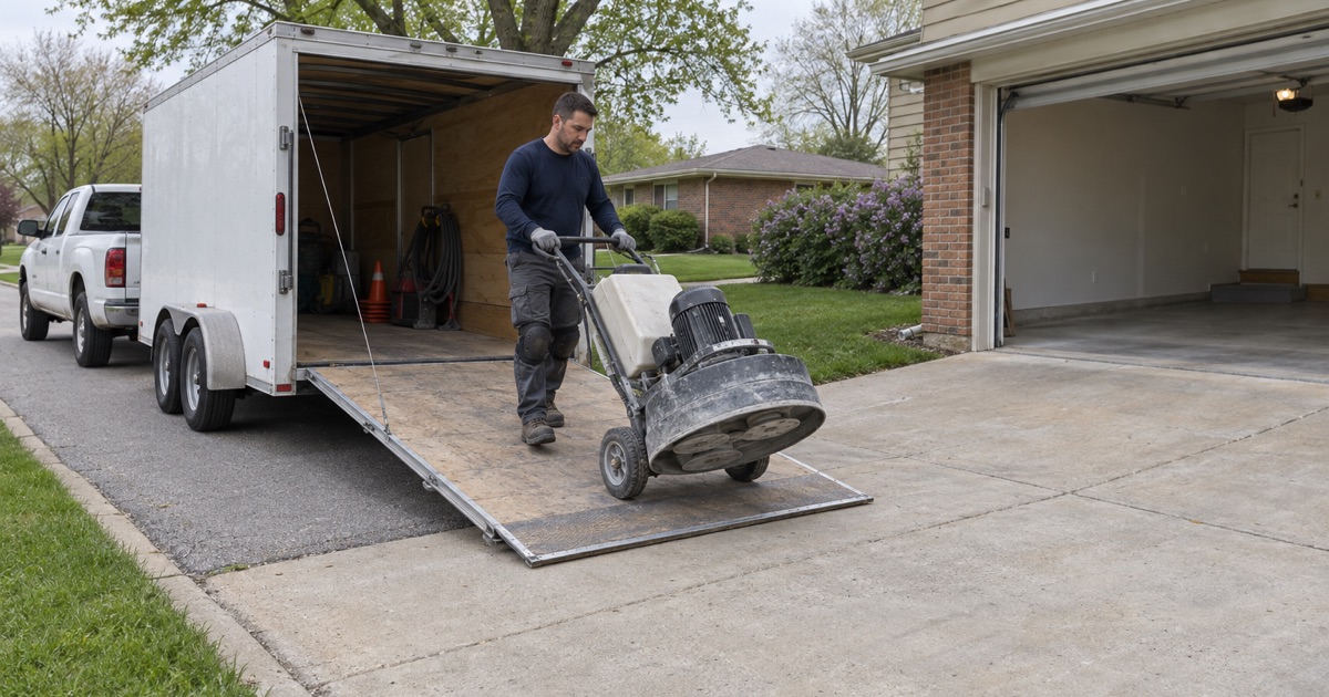 A floor crew member guiding a walk-behind grinder down a trailer ramp onto a Lombard driveway to start a garage floor job.