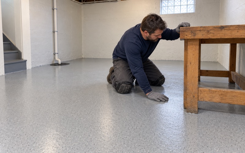 A finished light gray epoxy floor in a Lombard ranch basement workshop, coated to the sump basin lid and the foot of the stair.