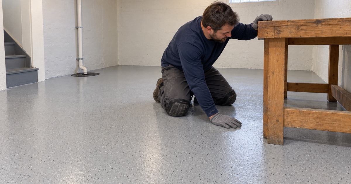 A finished light gray epoxy floor in a Lombard ranch basement workshop, coated to the sump basin lid and the foot of the stair.