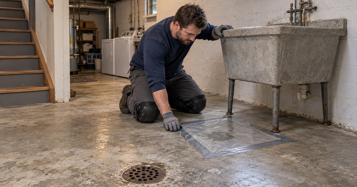 A taped plastic sheet moisture check on the bare basement slab of a 1950s Lombard ranch, beside the floor drain and laundry tub.