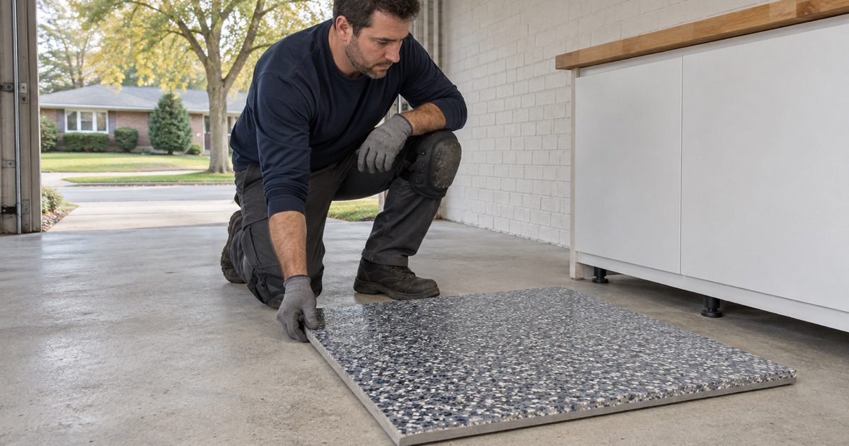 A large flake sample board laid on a ground garage slab in Lombard beside a white cabinet, to see the blend against the room’s own brick and light.