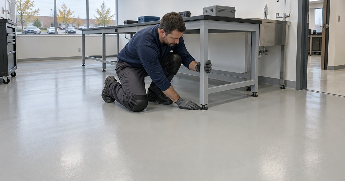 A seamless coved epoxy floor under the benches of a testing laboratory in a one-story Lombard flex building.