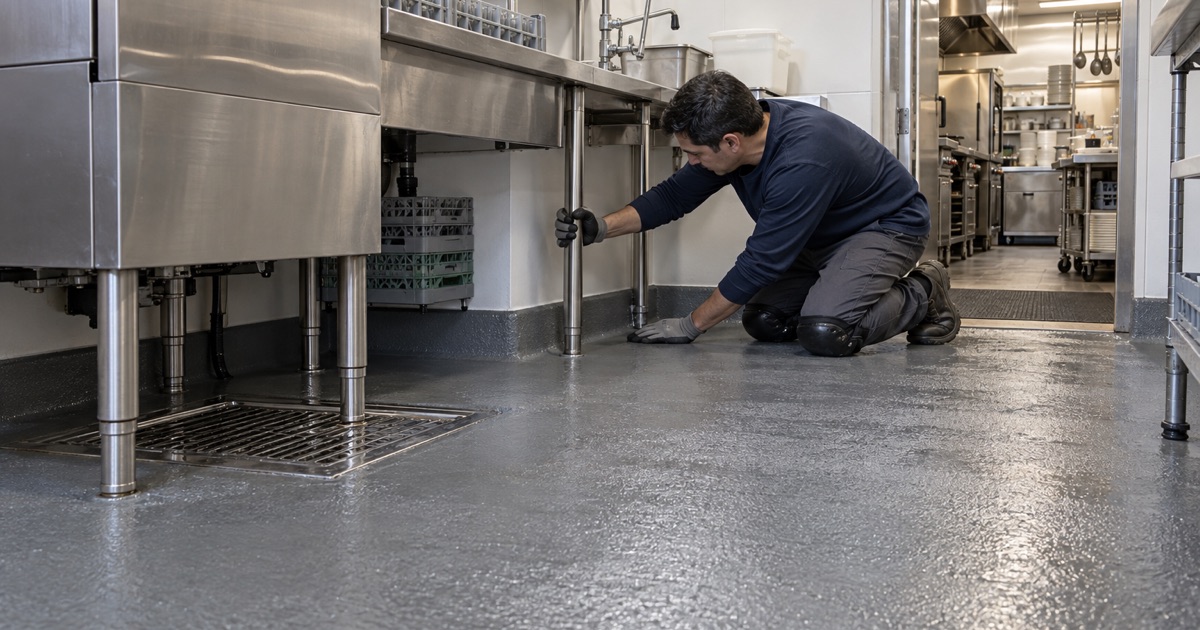 A slip-resistant urethane cement floor coved into the walls of a Lombard restaurant dish room, falling to a floor sink under the dish machine.