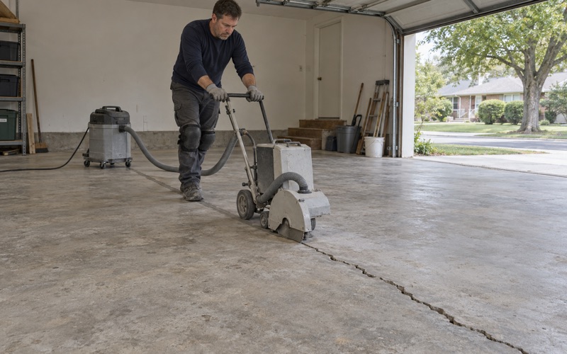 A crack in a Lombard garage slab being chased out with a walk-behind saw, the repaired length already filled flush behind it.
