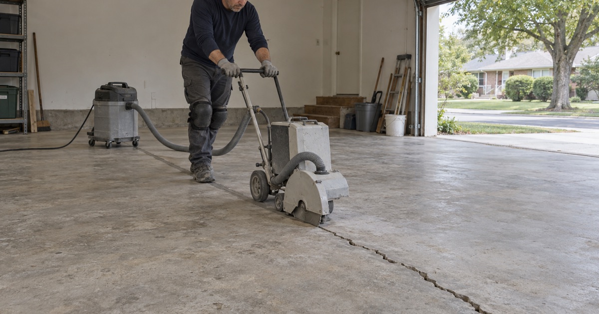 A crack in a Lombard garage slab being chased out with a walk-behind saw, the repaired length already filled flush behind it.