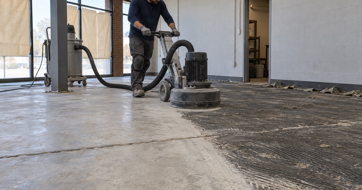 A planetary grinder taking old carpet adhesive off the slab of a Lombard retail tenant space, the dust drawn straight into the extractor.