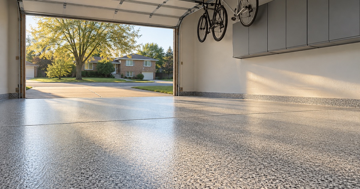 An empty, finished gray and white flake floor in a Lombard raised ranch’s attached garage in early morning light, the overhead door raised to the driveway.