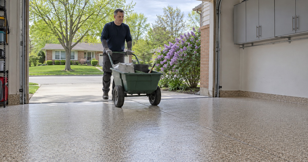 A finished tan, brown and cream flake floor in the attached garage of a Lombard split-level, a garden cart being wheeled back in past a lilac hedge.