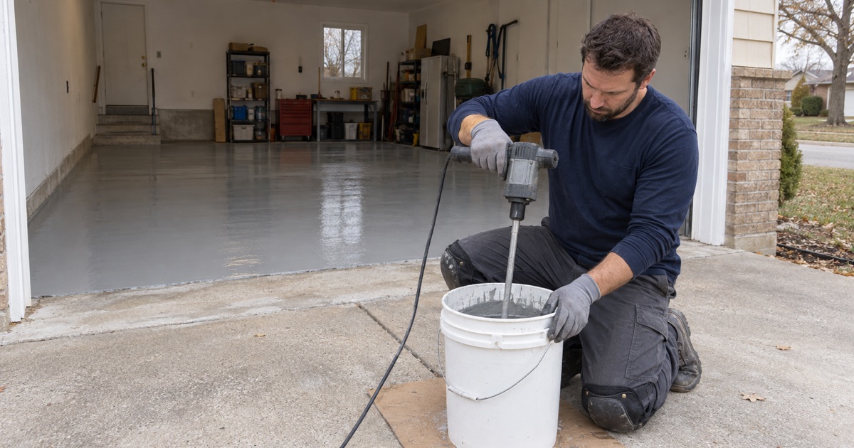 An epoxy base coat being mixed at the mouth of a Lombard split-level’s garage, the first coat already rolled across the ground slab.