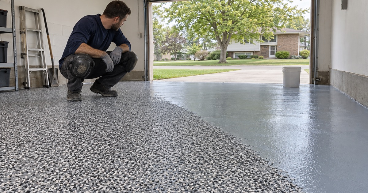 A dense gray, black and white flake broadcast settled across a Lombard split-level’s garage floor, the blue-gray base coat still showing at the working edge.