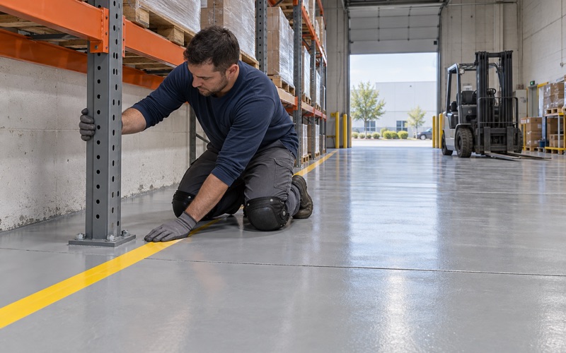 A heavy-build epoxy floor running to the base plates of pallet racking in a Lombard flex warehouse, a forklift parked down the aisle.