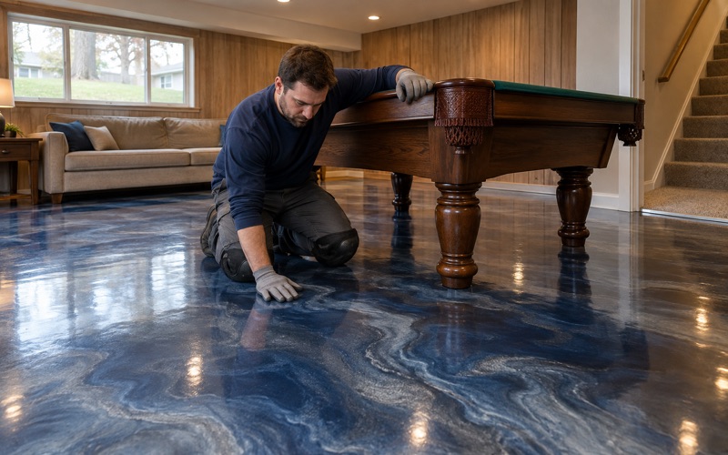 A deep blue and silver metallic epoxy floor under a pool table in the lower-level rec room of a Lombard split-level.
