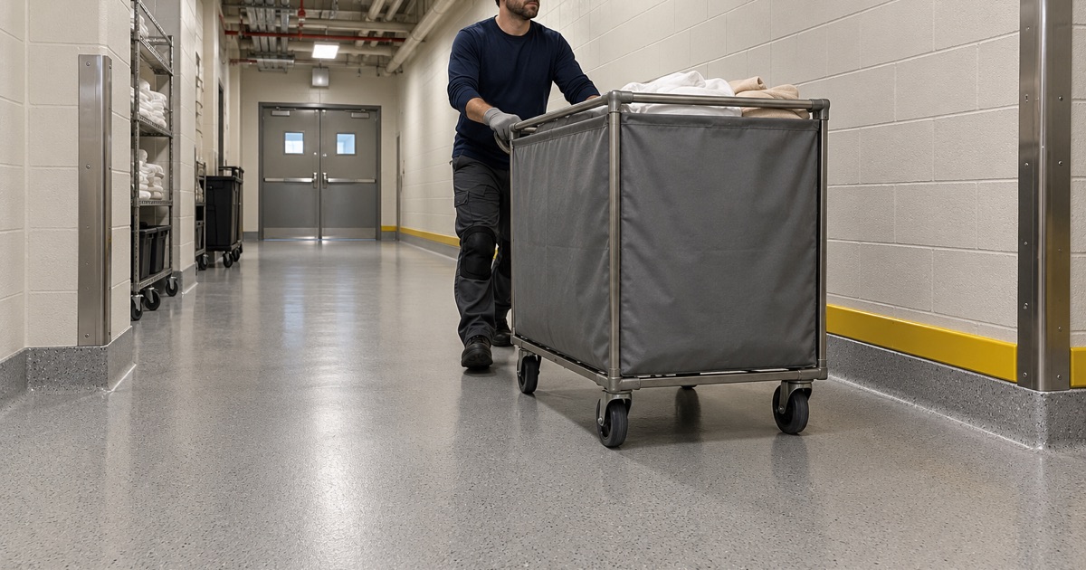 A seamless coved resin floor in the back-of-house service corridor of a Lombard hotel, a linen cart rolling toward the laundry.