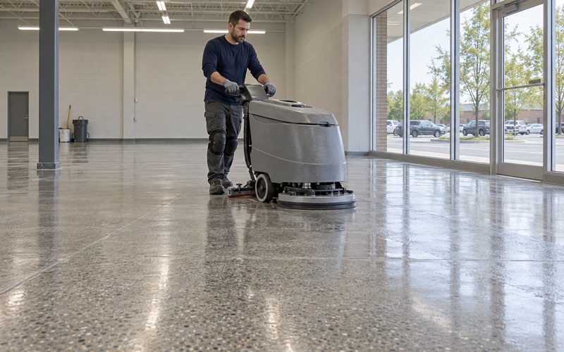 A newly polished concrete floor in an emptied retail space on Roosevelt Road in Lombard, scrubbed clean before the fixtures move in.