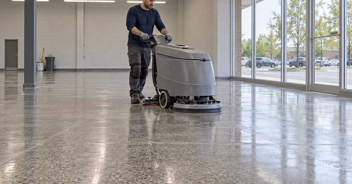 A newly polished concrete floor in an emptied retail space on Roosevelt Road in Lombard, scrubbed clean before the fixtures move in.