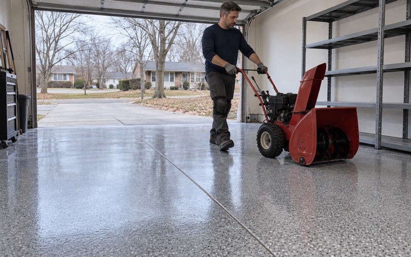 A snowblower wheeled back onto a same-day polyaspartic flake floor in a Lombard raised ranch's garage on a gray November afternoon.