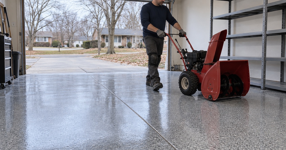 A snowblower wheeled back onto a same-day polyaspartic flake floor in a Lombard raised ranch’s garage on a gray November afternoon.