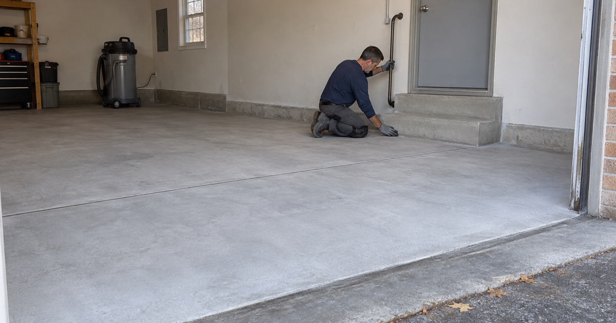 A ground garage slab in a Lombard raised ranch, read at the foot of the fire-rated door to the house before the first coat goes down.